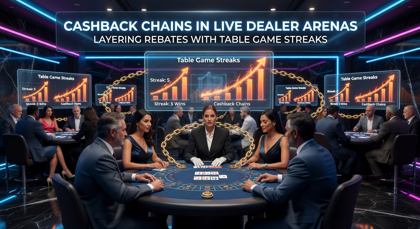 Dynamic graphic showing interconnected cashback rebates layered over a live dealer blackjack streak, with glowing chains linking wins and bonuses