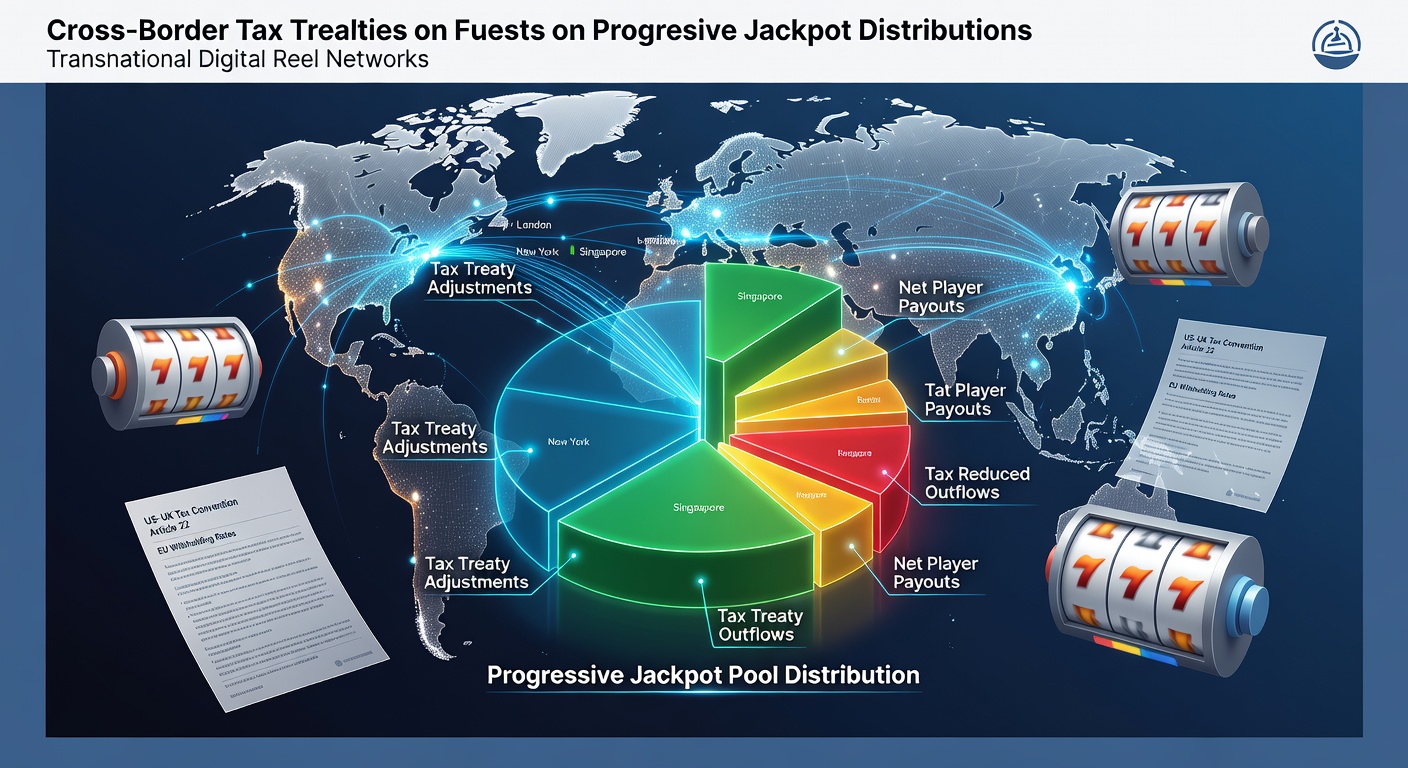 Digital illustration of interconnected global slot networks showing progressive jackpot flows across borders with tax treaty symbols overlaid on network nodes