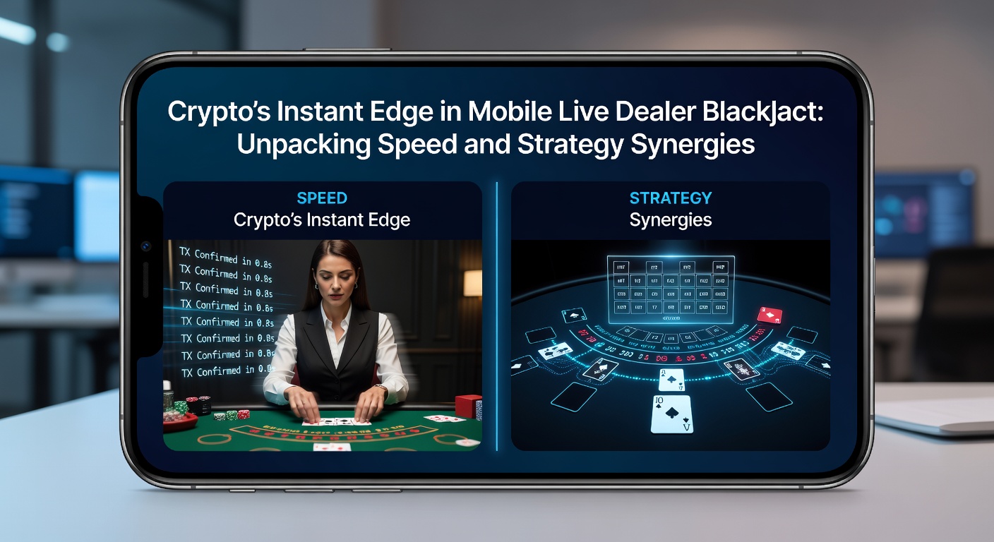 Close-up of a mobile device running live blackjack with overlaid crypto charts showing real-time transaction speeds and strategy calculators