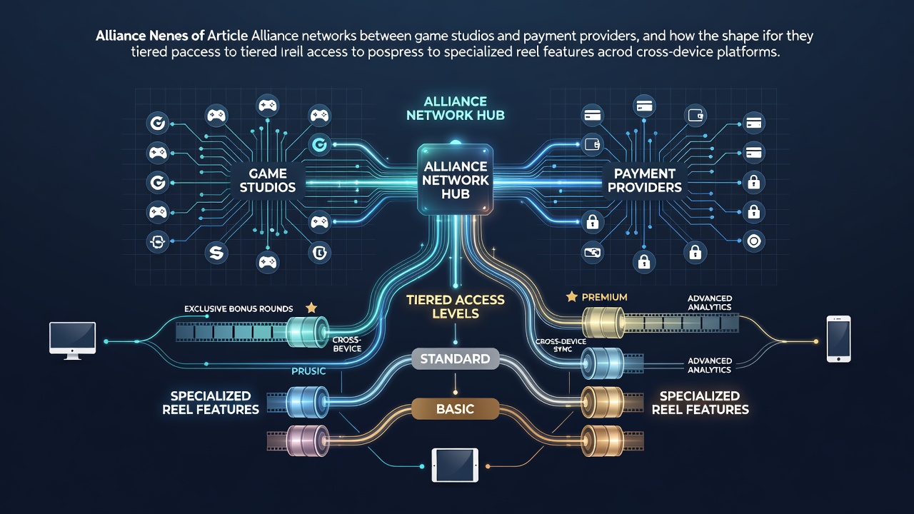 Network diagram showing connections between game studios and payment providers influencing reel feature access across devices