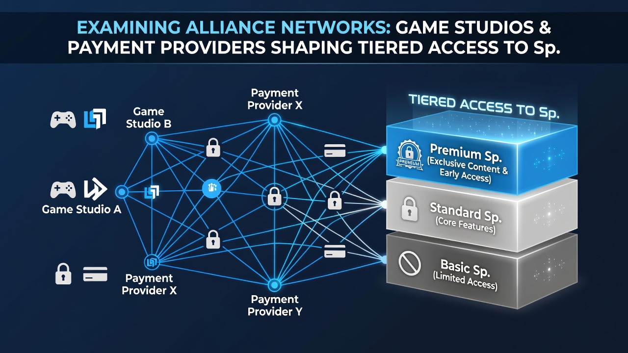 Illustration of tiered reel features activating differently across mobile, tablet, and desktop interfaces based on payment alliances