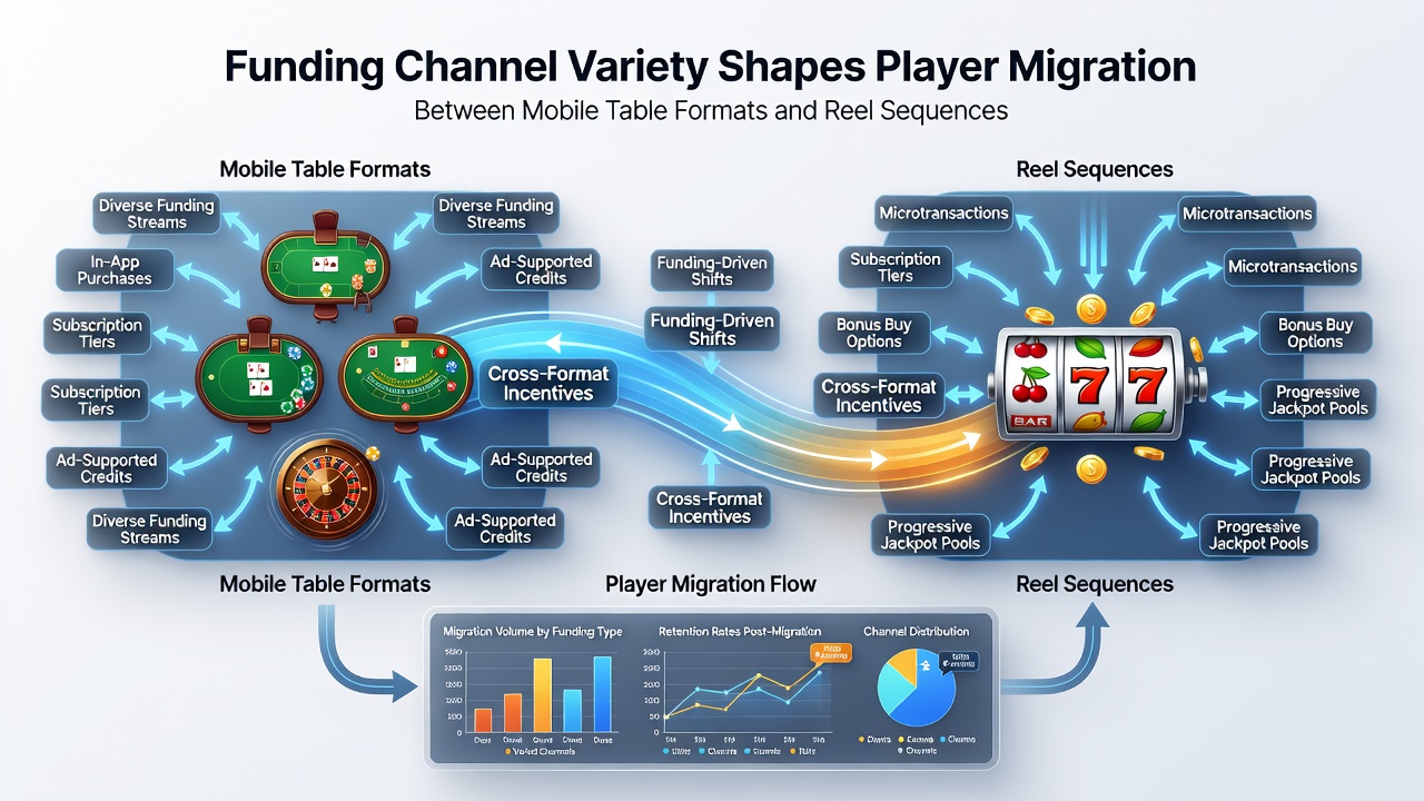 Infographic illustrating player movement between mobile table games and reel sequences driven by payment diversity