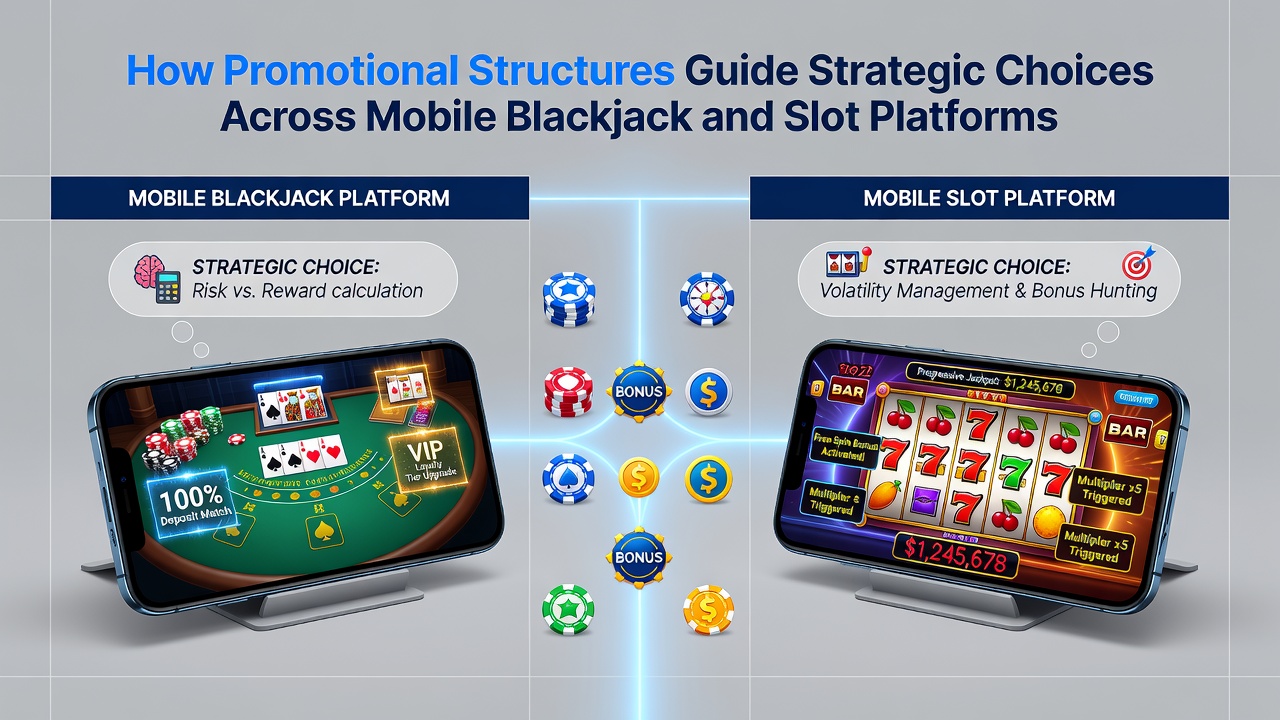 Mobile blackjack and slot platform interfaces showing promotional banners and bonus indicators