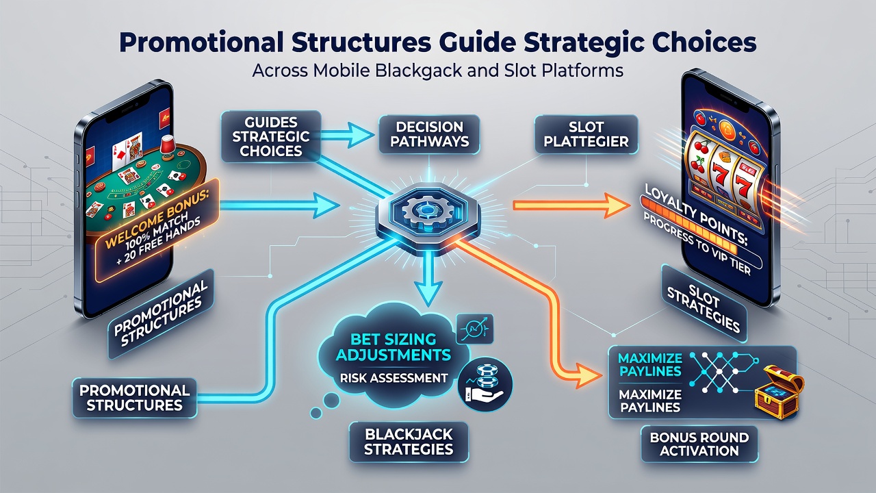 Strategic decision flowcharts overlaid on mobile gaming screens illustrating promotion-driven choices