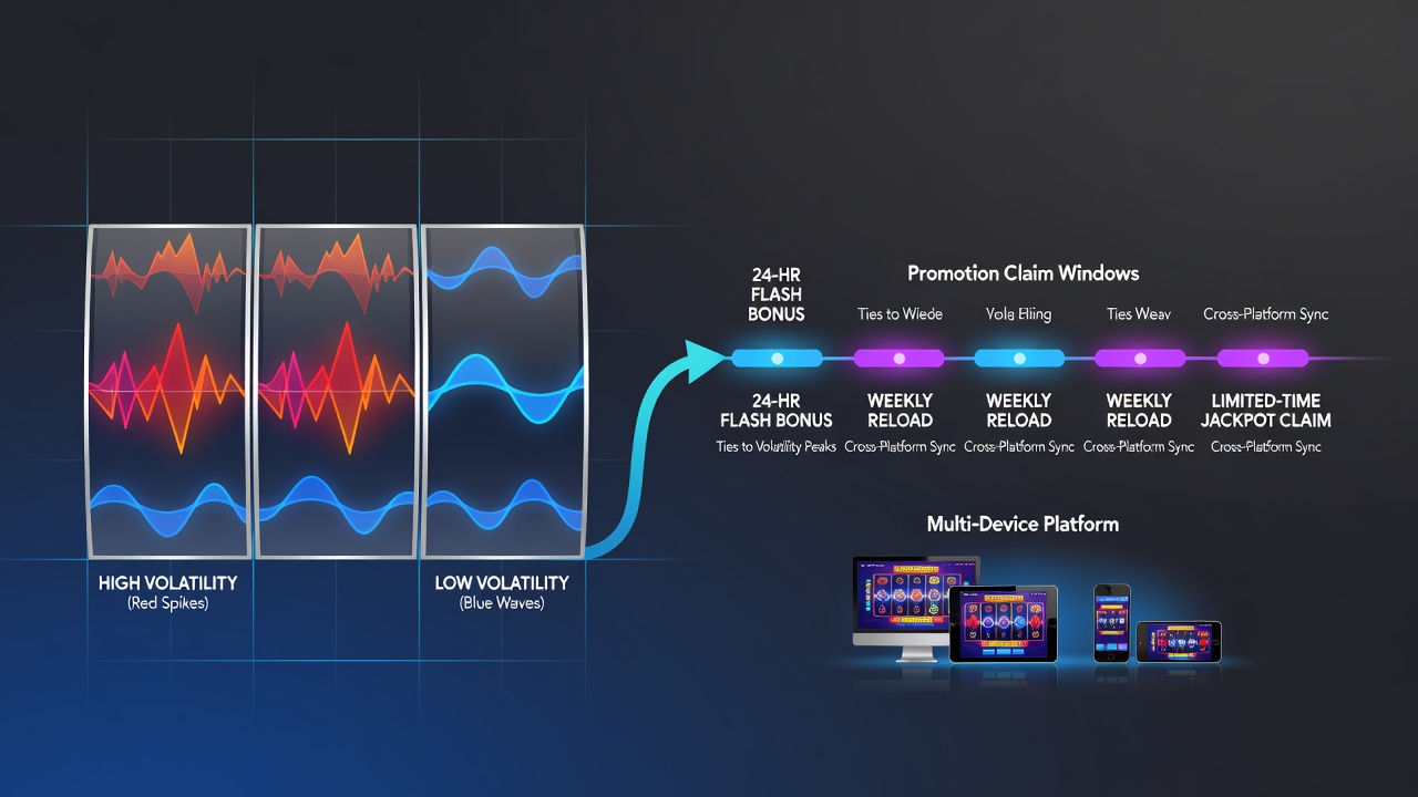 Multi-device dashboard illustrating reel volatility metrics aligned with active promotion countdown timers